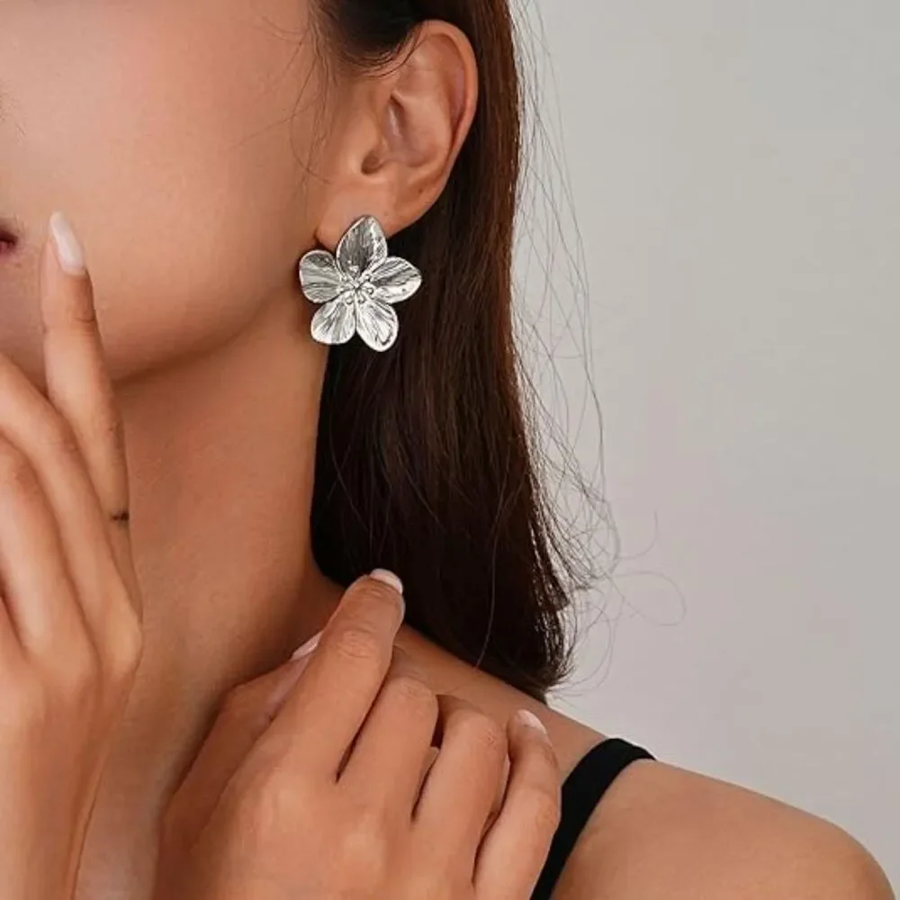 18K Gold Plated Statement Silver Earring Studs Hypoallergenic Big Floral Jewelry